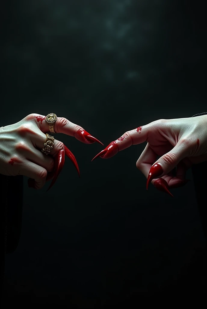 A hand covered in blood. Both pointing at each other from one end to the other. Black background. realist. vampire hand. Wearing a gold ring with RV initials.