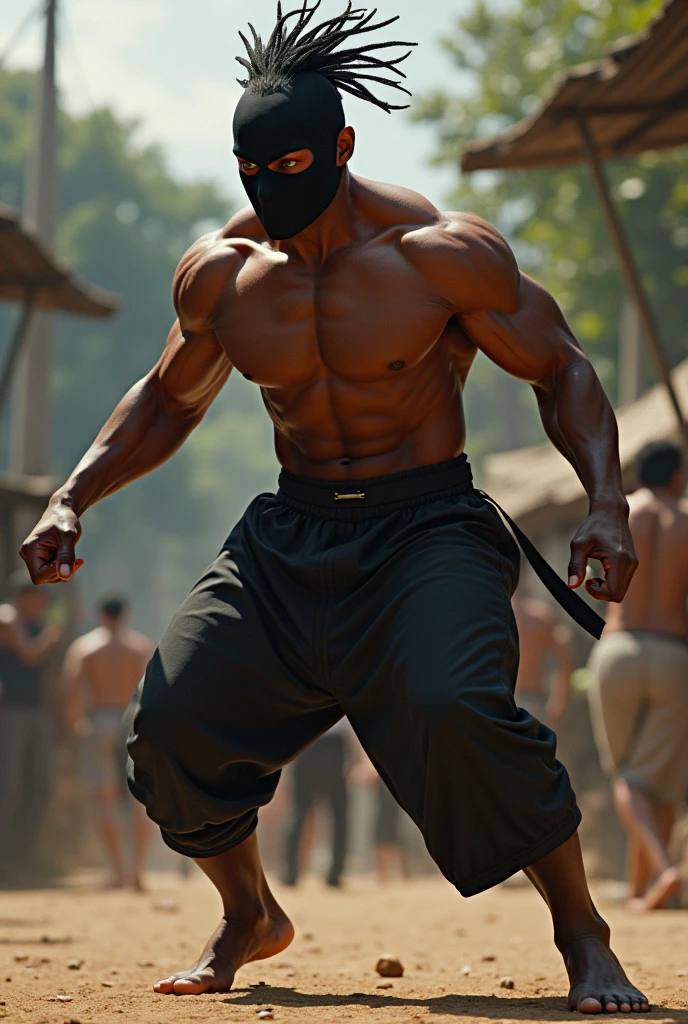 A capoeira fighter with a black head and a black mask on his face shirtless black man a fighter full body