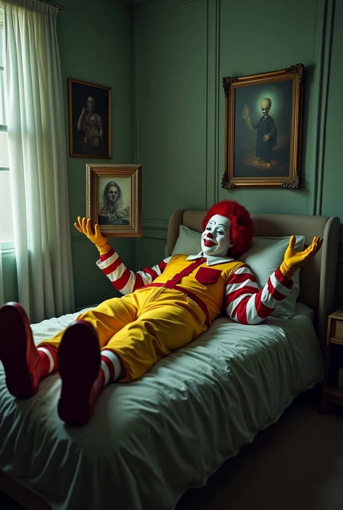 Showing Ronald McDonald's hands holding a painting as he lies on a bed