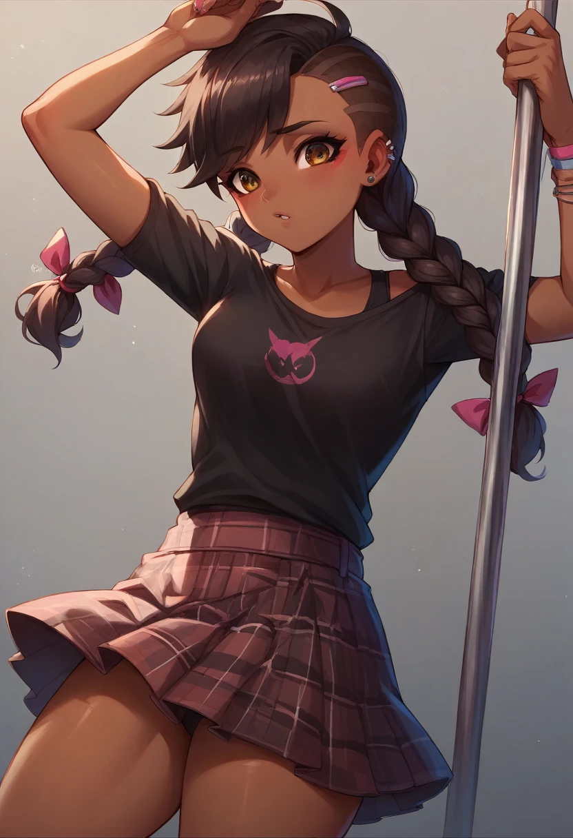 Alejandra (overwatch), latina, , loliy, twin braids, dark-skinned female, edgQuality, edgpskirt, a woman in a black top and a plaid skirt, wearing edgpskirt, punk skirt,pole dance 