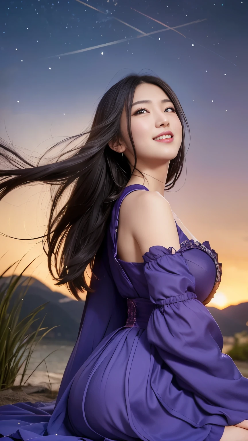 (logo、masterpiece、8k、Tabletop、RAW Photos、wonderful、最high quality、フォトリアルでVery detailedなCG合成8k壁紙、high quality、Very detailed、Narrative poem、Particle Effects、Dynamic Effects、Depth of the Boundary)What is written is、Cinematic Light、Lens flare、Ray Tracing)、Fantasy、(Purple Dress)、(night、night空、Starry Sky、full moon)、(Girl looking up at the sky)、sit、cute、Japanese style、 (smile)、Long Hair、Strong winds、(Hair blowing in the wind)、Natural light、moonlight、(Horizontal photography)、(chest emphasis)、(Low position)、(Low - Angle)