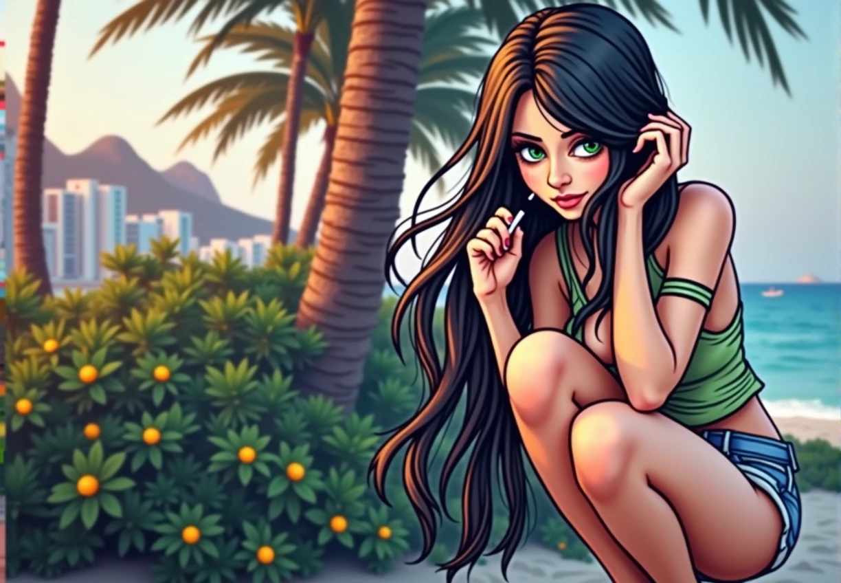 create a brunette with long black hair very beautiful sexy posing squatting on Copacabana beach in Rio de Janeiro with a sexy face and green eyes holding a marijuana cigarette on the beach