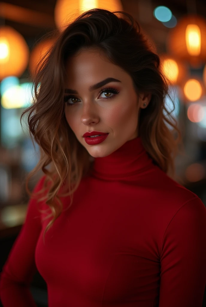 photo of extremely sexy (jg_Ashleyresch:0.99), a woman as a sexy student, closeup retrato upsweep updo, (red fitted turtleneck long sleeve blouse), in a cantina bar (work of art:1.5) (photorrealistic:1.1) (bokeh) (best qualityer) (Detailed texture skin, pores, hairs:1.1) (intrikate) (8k) (HDR) (wall-paper) (cinematic lighting) (sharp focus), (eyeliner), (painted lips:1.2), (aretes) strong makeup and red lipstick 