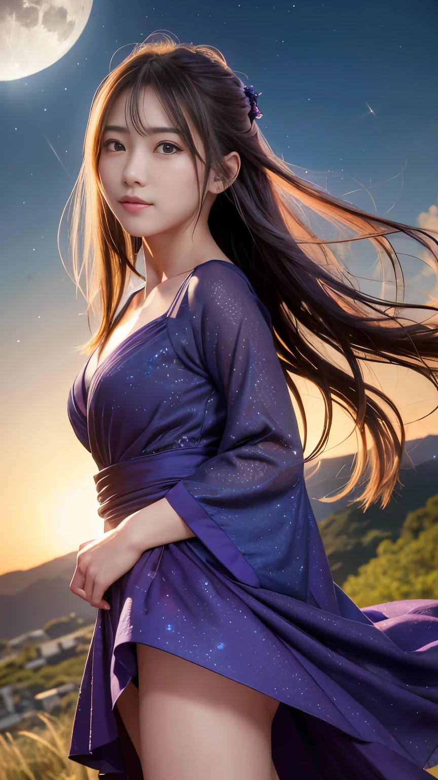 (logo、masterpiece、8k、Tabletop、RAW Photos、wonderful、最high quality、フォトリアルでVery detailedなCG合成8k壁紙、high quality、Very detailed、Narrative poem、Particle Effects、Dynamic Effects、Depth of the Boundary)What is written is、Cinematic Light、Lens flare、Ray Tracing）、Fantasy、（Purple Dress）、（night、night空、Starry Sky、full moon）、（Girl looking up at the sky）、sit、cute、Japanese style、 (smile)、Long Hair、Strong winds、(Hair blowing in the wind)、Natural light、moonlight、(Horizontal photography)、(chest emphasis)、(Low position)、(Low - Angle)