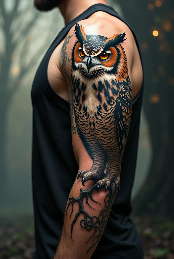 Create owl tattoo image on male arm