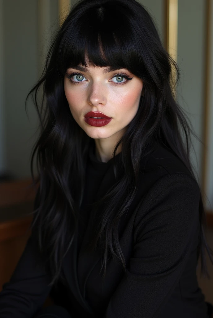 Bellissima 18yo Italian girl with long, jet-black hair and blunt bangs sits confidently. Her large, expressive ice blue eyes are framed by bold, arched eyebrows and she wears subtle, yet precise, makeup with dark eyeliner and dark red lipstick. 