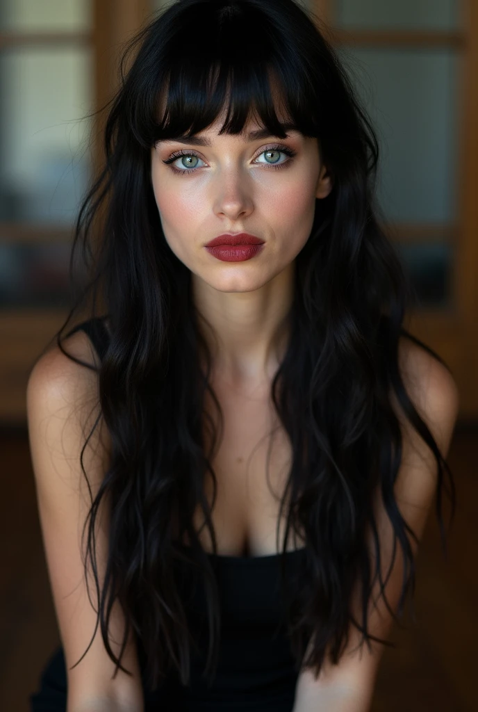 Bellissima 18yo Italian girl with long, jet-black hair and blunt bangs sits confidently. Her large, expressive ice blue eyes are framed by bold, arched eyebrows and she wears subtle, yet precise, makeup with dark eyeliner and dark red lipstick.