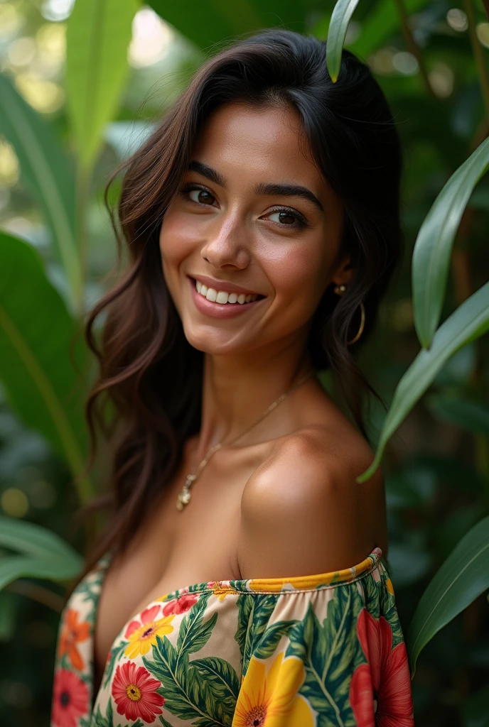 A Brazilian woman in a lush tropical garden, wearing an open shirt with a floral print, with a close-up capturing the harmonious beauty between her breasts and the natural flowers, showing off your natural charm and outgoing personality.