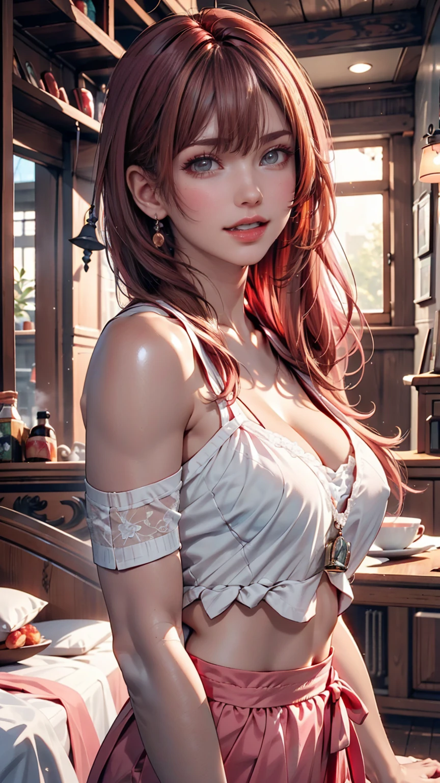 Glow Art: 1.0), (bright, sketch, drawing: 1.0), One girl, bangs, red eyes bright relucent light in hair, blush, clavicle, Hair between the eyes, Long Hair, View your viewers, good, Open your mouth, Pink Hair, Portraiture, Shiny, Shiny hair, Side Ponytail,