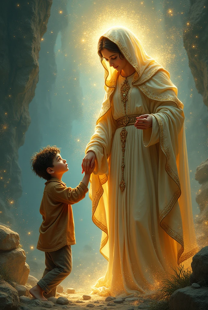 
Create a scene where the child (with poor appearance, male), still perplexed, is guided by a majestic Lady (the virgin mary help of Christians) dressed in a cloak that shines as if it were made of stars. The Lady must be holding your hand with a kind and protective expression..