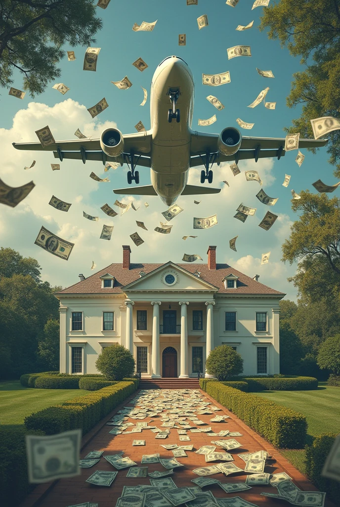 Money, plane and a house , 100 dollar bills on top of a house and next to the house a plane. The money and the plane touch the house.