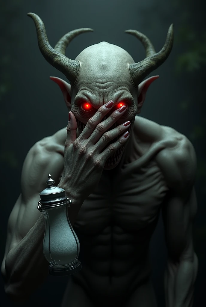 Un démon qui a dans une main une salière et avec son autre main il cache son visage, on aperçoit des yeux rouges et un sourire terrifiant caché derrière la main