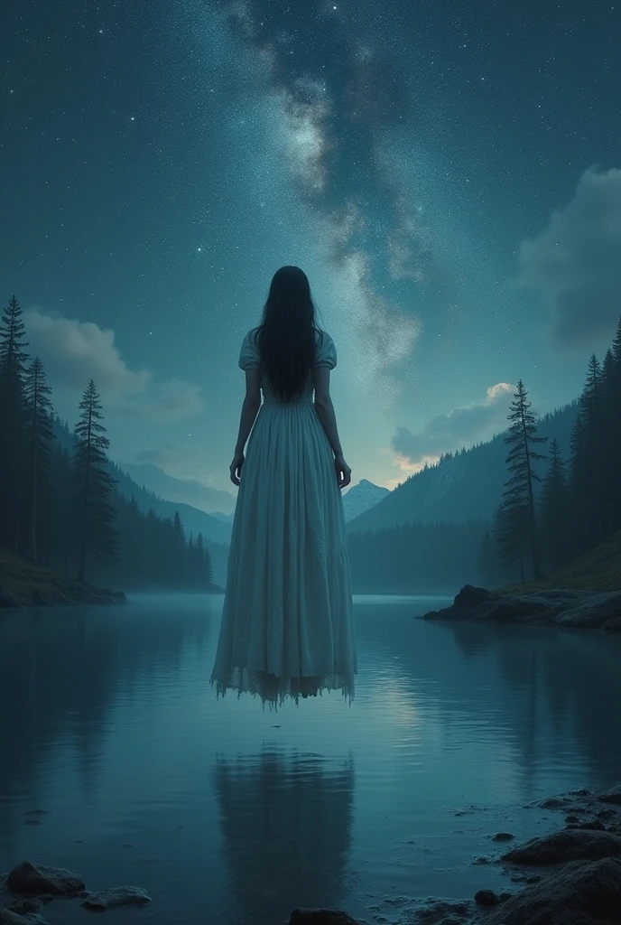 A ghostly girl, Levitating over the water of a lake, Beautiful medieval appearance, Night sky with stars and milky way., horror tones, oil painting, (Best Quality,4k,8k,High resolution,masterpiece:1.2),ultra detailed,(realist,photorealist,photo-realist:1.37),HdR,HD,studio lighting,Ultrafine paint,sharp focus,physically based rendering,extreme detailed description,professional,vivid colors,bokeh,Portraits,landscape,horror