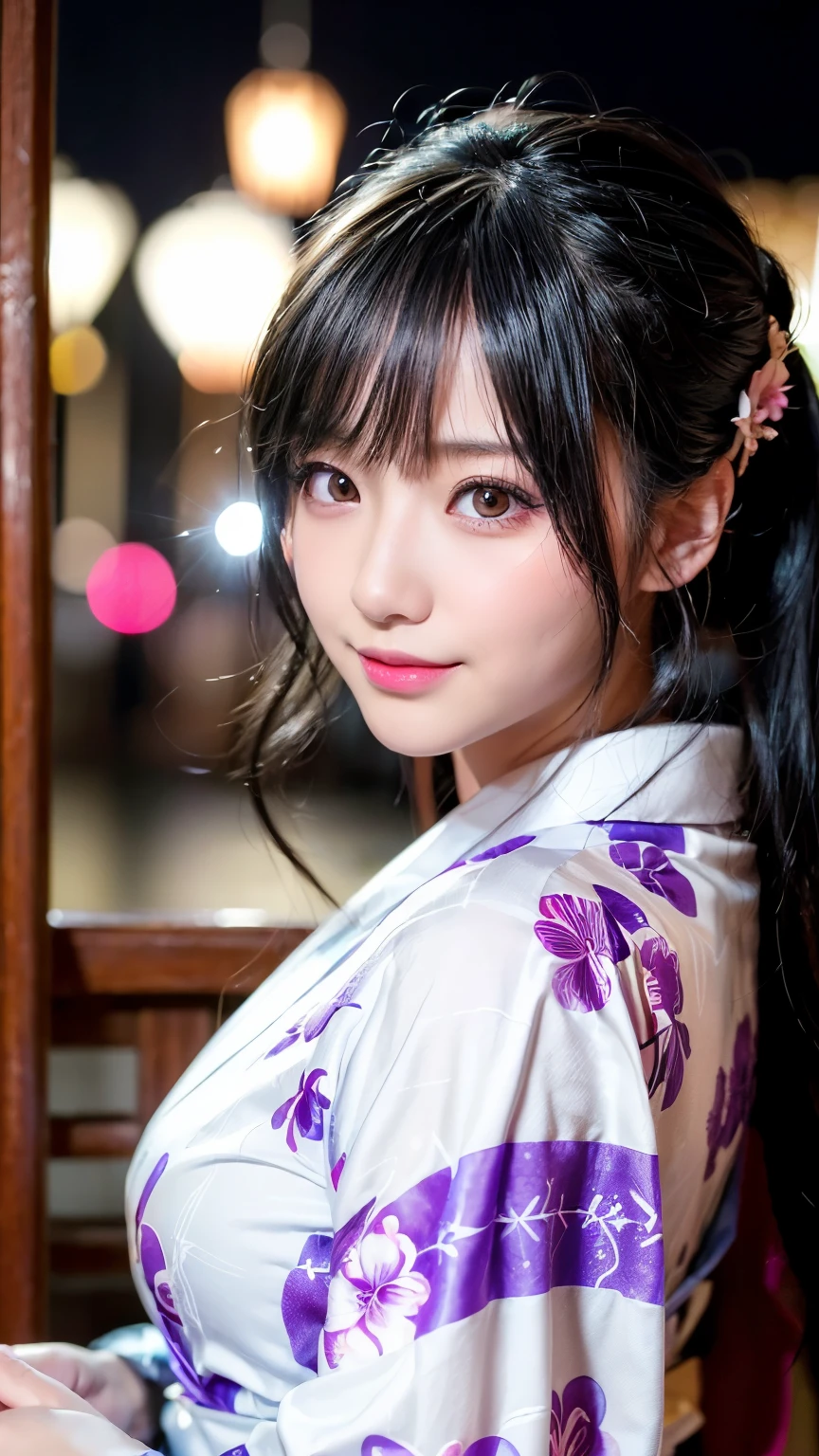 (logo、masterpiece、8k、Tabletop、RAW Photos、wonderful、最high quality、フォトリアリスティックでVery detailedな CG 複合 8k 壁紙、high quality、Very detailed、Narrative poem、Particle Effects、Dynamic Effects、Depth of the Boundary、Cinematic Light、Lens flare、Ray Tracing）、 (One beautiful woman wearing a yukata、White yukata、Light purple pattern)、Black-haired、High definition skin、Very fine、Fine skin texture、Beautiful Face、True Face、Beautiful details in the eyes、Realistic eyes、Beautifully detailed eyes、Realistic Skin、Beautiful Skin、Surreal、Smiling Eyes、Hair and light eyes、vivid、Colorful lights and bokeh、plump lower lip、Pink Lips、Hair flutters in Wind、Hair bounces、wonderful景色、night、evening、Wind、moonlight、moonlight、light