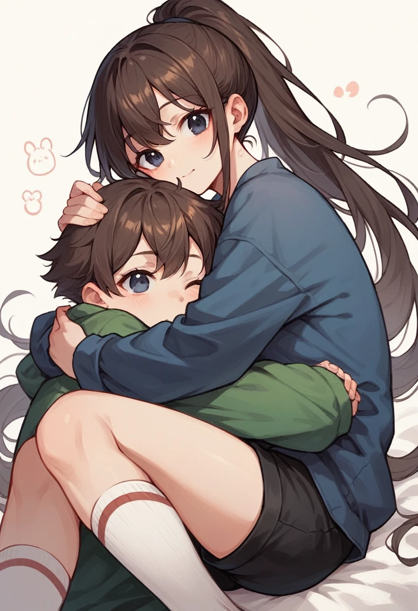 Anime girl hugging a girl black long ponytail hair and black eyes cute black short shirt with long sleeves and black shorts and long white socks and anime girl hugging her dark brown hair and dark blue eyes and cute dress 