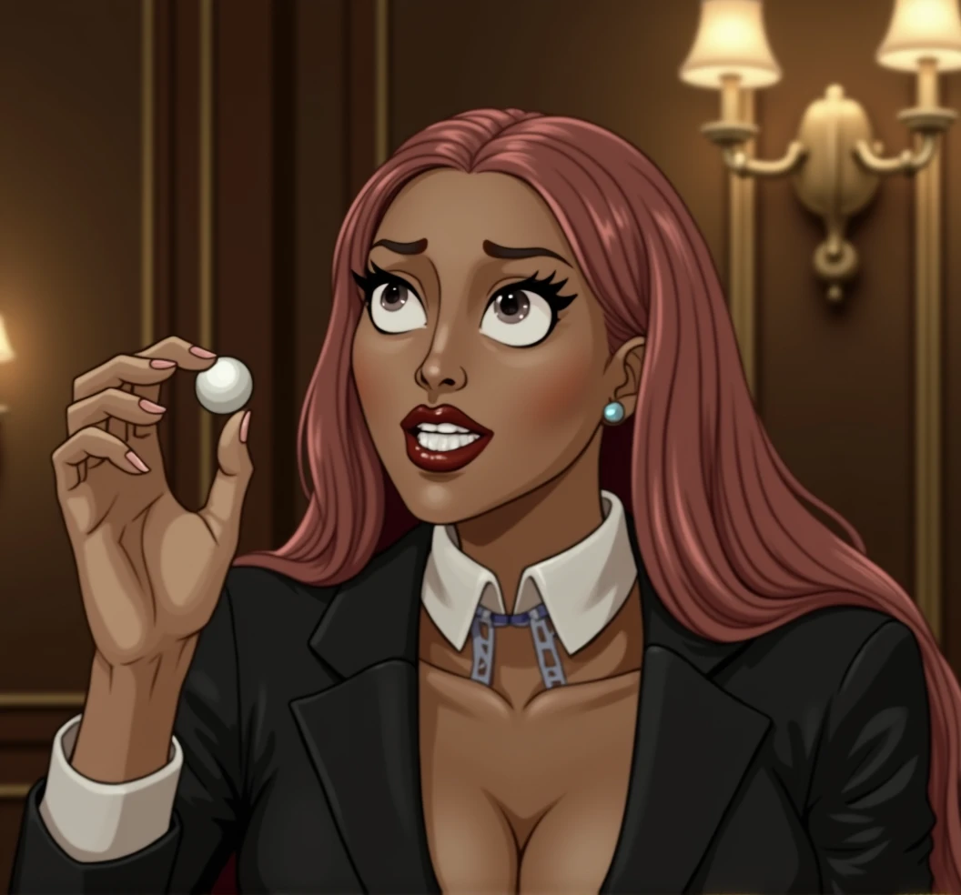 (ultra hd), (hyper realistic), (best quality), detailed Nicki Minaj, holding a small white pearl in her hand, squinting at the pearl with her mouth open, perfect teeth, long straight pink hair, confused expression, unbuttoned suit showing her cleavage, big breasts, cleavage, black skin tone, detailed eyes, undershirt unbuttoned halfway open