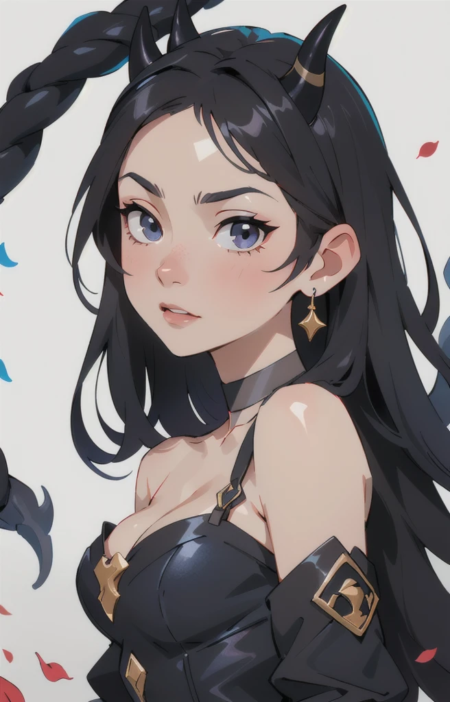 Seven Rhaeyar (Deylta), Ancient Star goddess, Perfect female anatomy (Royalty, Adult Female, 166cm in height, Cool pale skin, slim, slender, 34D breast size, Long Jet Black Hair, Gray Colored Iris , a set of Jet black colored horns on her head), Neutral facial expression, Elegant black uniform dress, female choker accessory with silver complimentary jewelry, dragon motifs, Black rope accessories, Simple Background, receiving light from the front, the focal point is her face, Ethereal glow, Blue Rose petals falling, Japanese inspired, bring her very close up, face image, detailed features, high quality resolution, shoulder up portrait