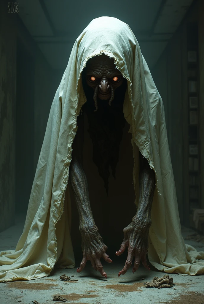 (give me a super ugly monster under the sheet
