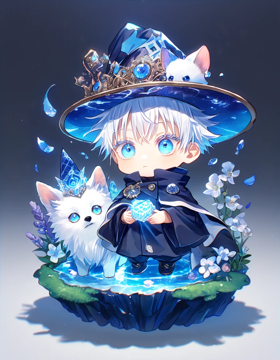 absurdres, highres, ultra detailed, HDR, master piece, Gojou Satoru as chibi, white hair with bangs, white eyelashes, expressive blue eyes, boy hugging a small wolf, white dog, expressive blue eyes, Jujutsu Kaisen, magical hat, cute, best quality, blue moon, flowers, fantasy, magical, solo, water, blue shining fireflies, blue petals, cape, the word "Krozseria" is written on his shirt,