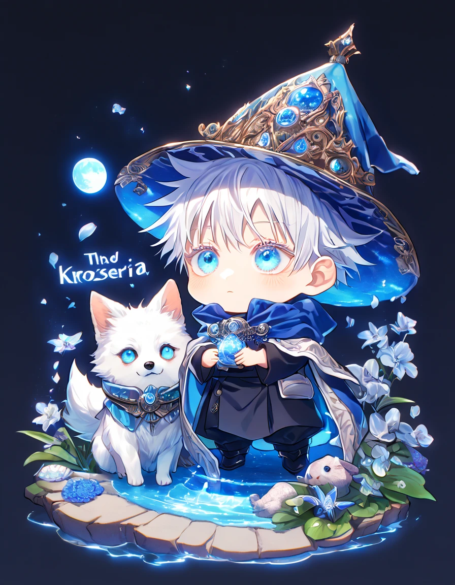absurdres, highres, ultra detailed, HDR, master piece, Gojou Satoru as chibi, white hair with bangs, white eyelashes, expressive blue eyes, boy hugging a small wolf, white dog, expressive blue eyes, Jujutsu Kaisen, magical hat, cute, best quality, blue moon, flowers, fantasy, magical, solo, water, blue shining fireflies, blue petals, cape, the word "Krozseria" is written on his shirt,