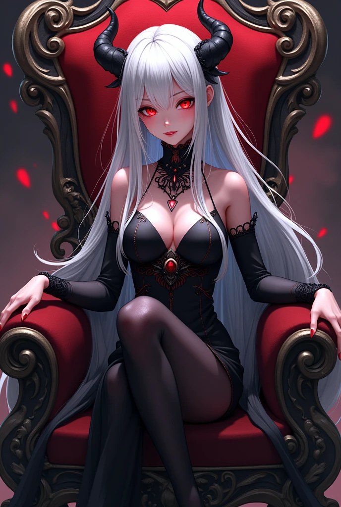 Demon anime girl with long white hair and red eyes sitting on a demon throne 