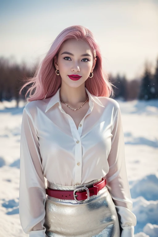 1 extremely beautiful female model, perfect body. Photo taken with Canon EOS R5 85mm f/11 camera, shooting mode ((sharp)) people and surrounding scenery. Photo quality ((8K)), ((lifelike)), ((masterpiece)), ((sharpest and highest contrast)), ((large depth of field)), ((stereoscopic light)).
((Pink hair)), ((high-end cosmetic makeup)), ((bright, radiant smile)), ((shiny red lipstick)), ((Ivory, bright white skin)), detailed pores, ((glossy skin)), ((Direct light on the face)), bright sunlight.
Earrings, necklace, belt, ((thin shirt)), ((shiny leather skirt)), high heels, bracelet.
Model pose, ((white snow)), cold wind, ice, chill, numbness, ((frozen)), snowflakes, lonely, mysterious, dreamy, waiting, ((hope)).