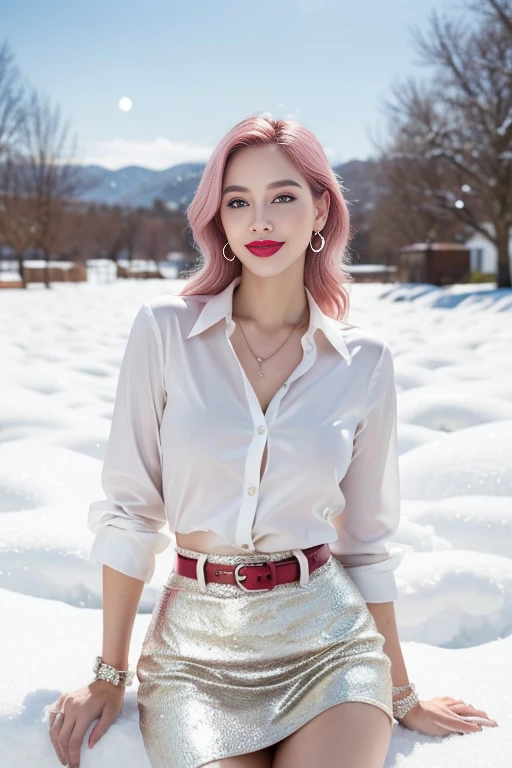 1 extremely beautiful female model, perfect body. Photo taken with Canon EOS R5 85mm f/11 camera, shooting mode ((sharp)) people and surrounding scenery. Photo quality ((8K)), ((lifelike)), ((masterpiece)), ((sharpest and highest contrast)), ((large depth of field)), ((stereoscopic light)).
((Pink hair)), ((high-end cosmetic makeup)), ((bright, radiant smile)), ((shiny red lipstick)), ((Ivory, bright white skin)), detailed pores, ((glossy skin)), ((Direct light on the face)), bright sunlight.
Earrings, necklace, belt, ((thin shirt)), ((shiny leather skirt)), high heels, bracelet.
Model pose, ((white snow)), cold wind, ice, chill, numbness, ((frozen)), snowflakes, lonely, mysterious, dreamy, waiting, ((hope)).