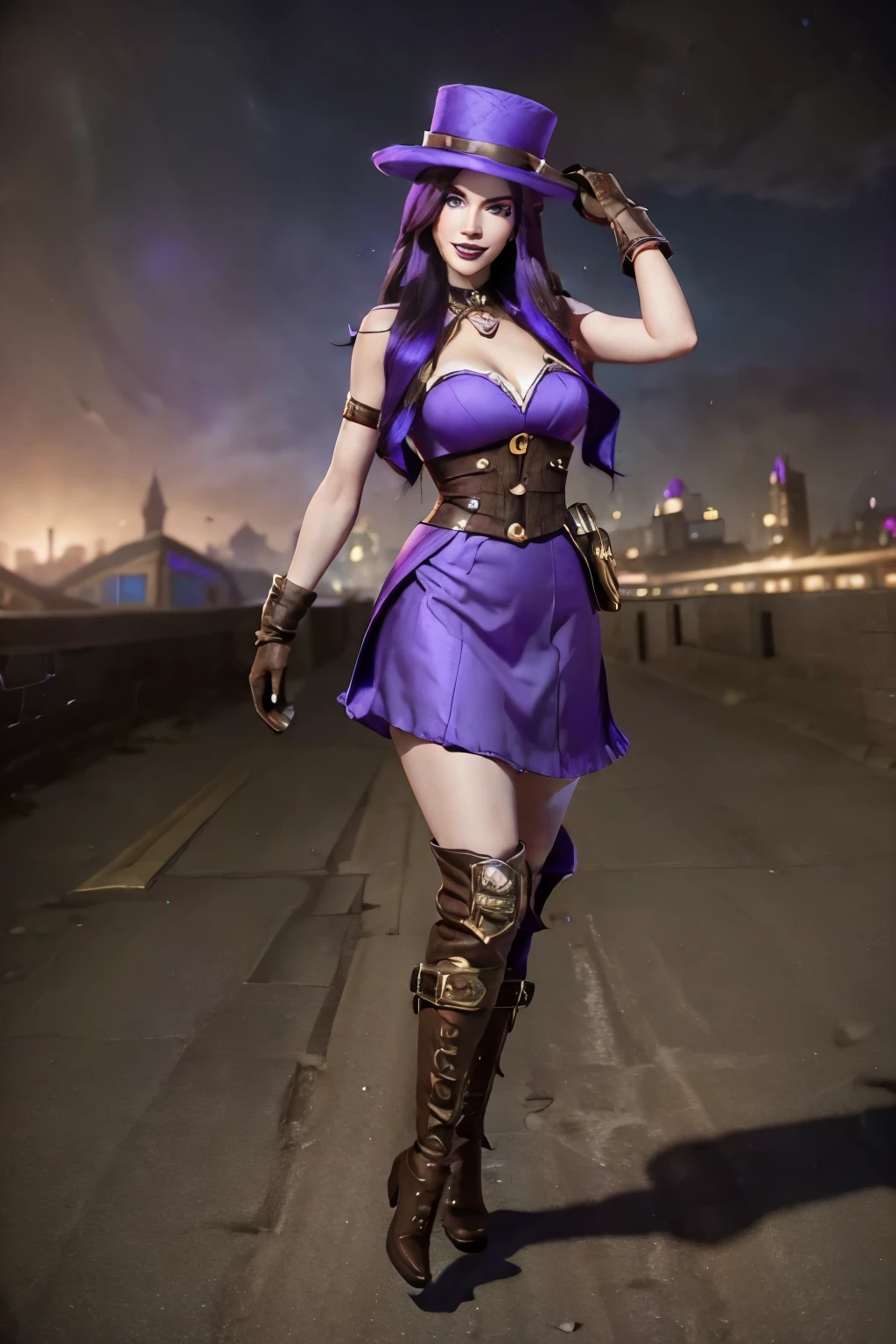 (CAITLYN league of legends), purple top hat, purple dress, brown knee-high boots, brown gloves, smiling, posse sexy, high resolution, super detaill, 8k, in a city