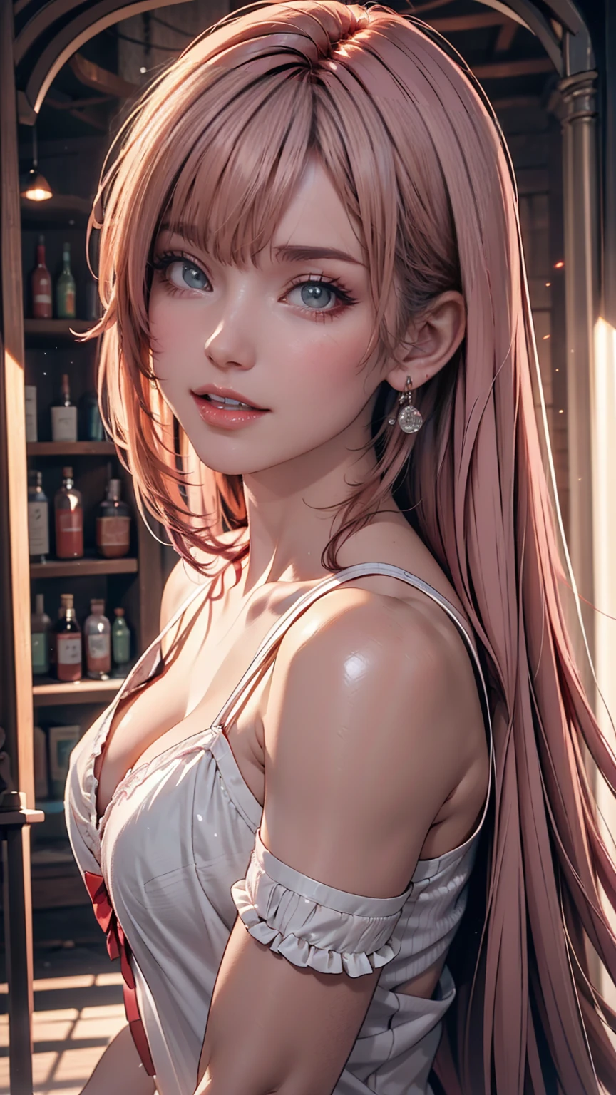Glow Art: 1.0), (bright, sketch, drawing: 1.0), One girl, bangs, red eyes bright relucent light in hair, blush, clavicle, Hair between the eyes, Long Hair, View your viewers, good, Open your mouth, Pink Hair, Portraiture, Shiny, Shiny hair, Side Ponytail,
