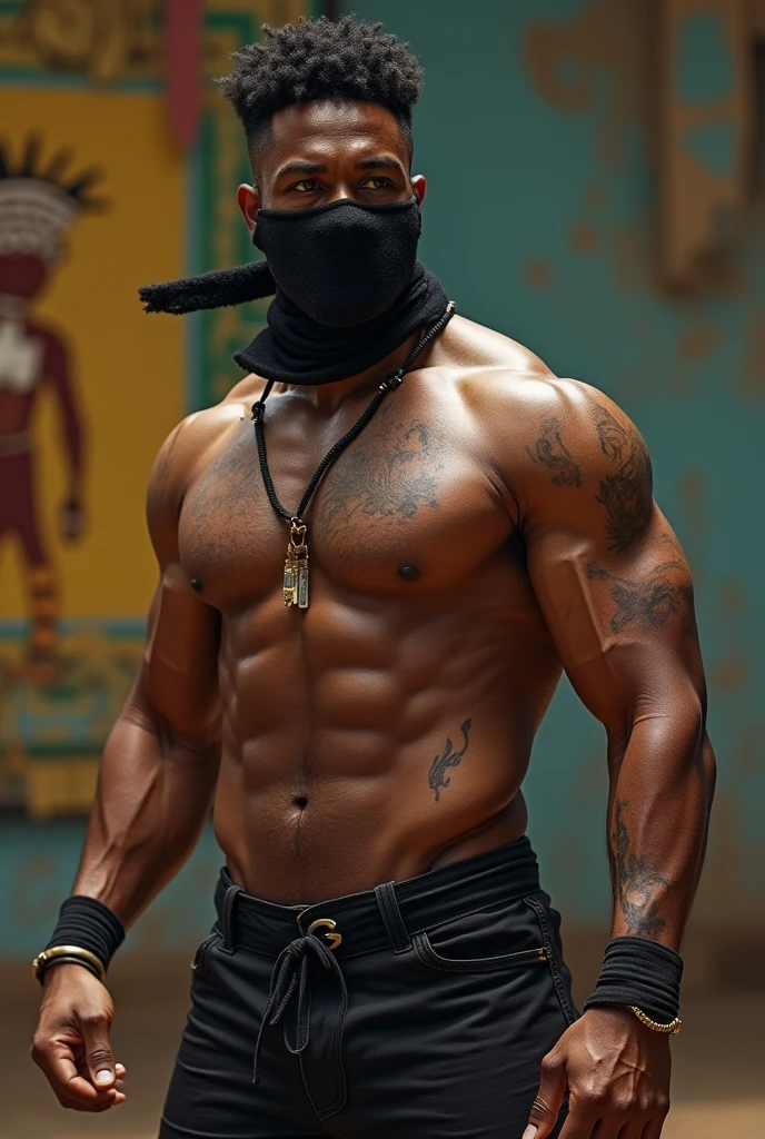 A capoeira fighter with a black head and a black mask on his face. A shirtless black man. A full body fighter with scars all over his body.