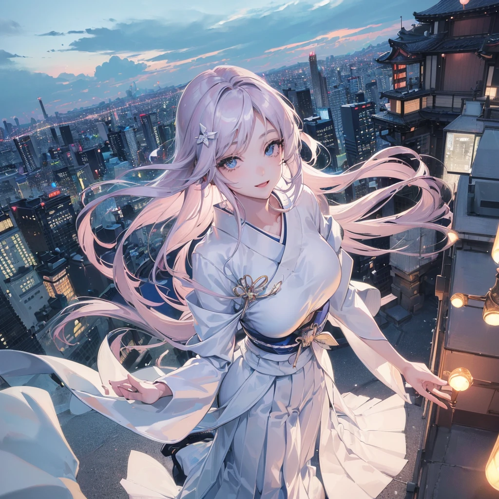 masterpiece, Sharp focus, (Beautiful, gorgeous and cute Japanese women:1.3), (Beautiful and cute Japanese:1.3), The Beauty of Japan, Delicate and beautiful hair, eyes and face, Realistic, Super detailed, beautiful girl, blue sky, Glowing White Particles, (Side light:1.2), Light of the sun, White cloud, Detailed Clouds, thin, Very big breasts and very big hips, Smiling with teeth showing, ((Smile with your eyes, Open both eyes)), scenery, Straight long hair, Sexy look, building, (Cityscape:1.7), Dynamic Hair, Straight long hair, Platinum pink hair details, Blue eyes glow, (Blue pleated shirt + White Skirt), White long socks, Pale skin, hair ornaments, epic scenery,
