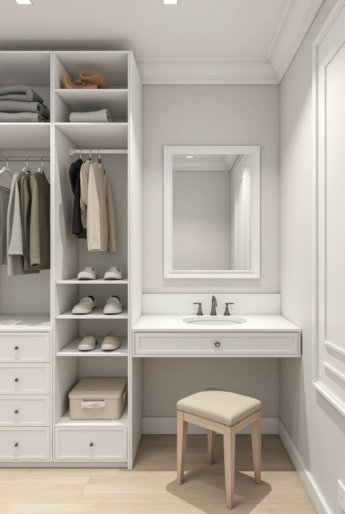 I need Walking closet with makeup vanity, dimentions depth 0.6 m x width 4.00 m x high 3.00 m. material white wood.