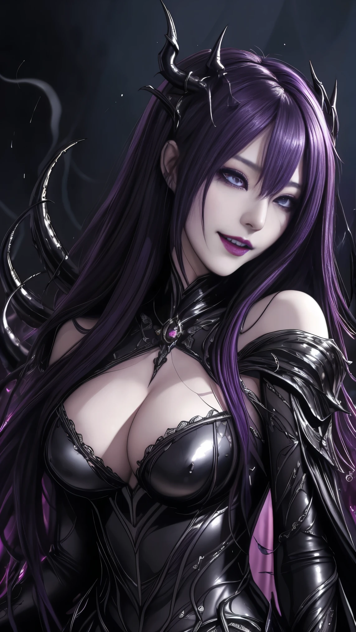 Esoteric arachnids lady, Spider Queen Elise, League of Legends, Esoteric arachnids, Combat Stance, ( body formed from metallic mauveine and metallic black liquid metallic paint twisting into a beautiful interpretation of the female figure), length, Sharp Fangs, nature, ((Complex metallic colors in the foreground)), (( Fluid Mechanics, The most beautiful smooth scale face makeup, Smirking expression)) - Dark blood, Onyxia、Noir painting of a beautiful young witch, length purple hair, dark purple lips, evil, evil female, smile, Black Prom Dress, She is coming to you, close, Bright Blue Eyes, Surrounded by swirling pink smoke, Genuine, Attention to detail, Highest quality、A beastly demon wields a vicious blade, Blood Chain, Behemoth Bones, Snake-like tentacles, Cruel Teeth, Expressions of madness, Oppressive Dungeon. 8K Vision Reveals Fear, Ultra HD detail makes monsters stand out, Grotesque shadows dance, The creature whispers, Stifling atmosphere, Vision problems, Visible Madness. blade, A flash of evil intent shines, reflect (Light) Beyond the Darkness, Elucidate (Sharp details) and、Add a dizzying dimension to the impending chaos.