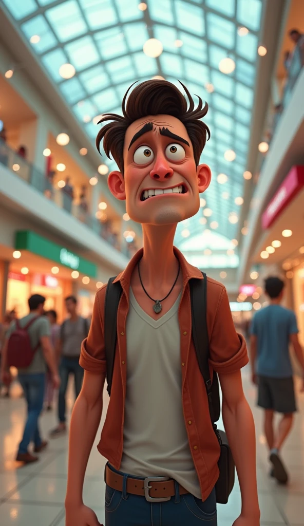 Fear, unman 30 year old man in mall standing disney Pixar cartoon