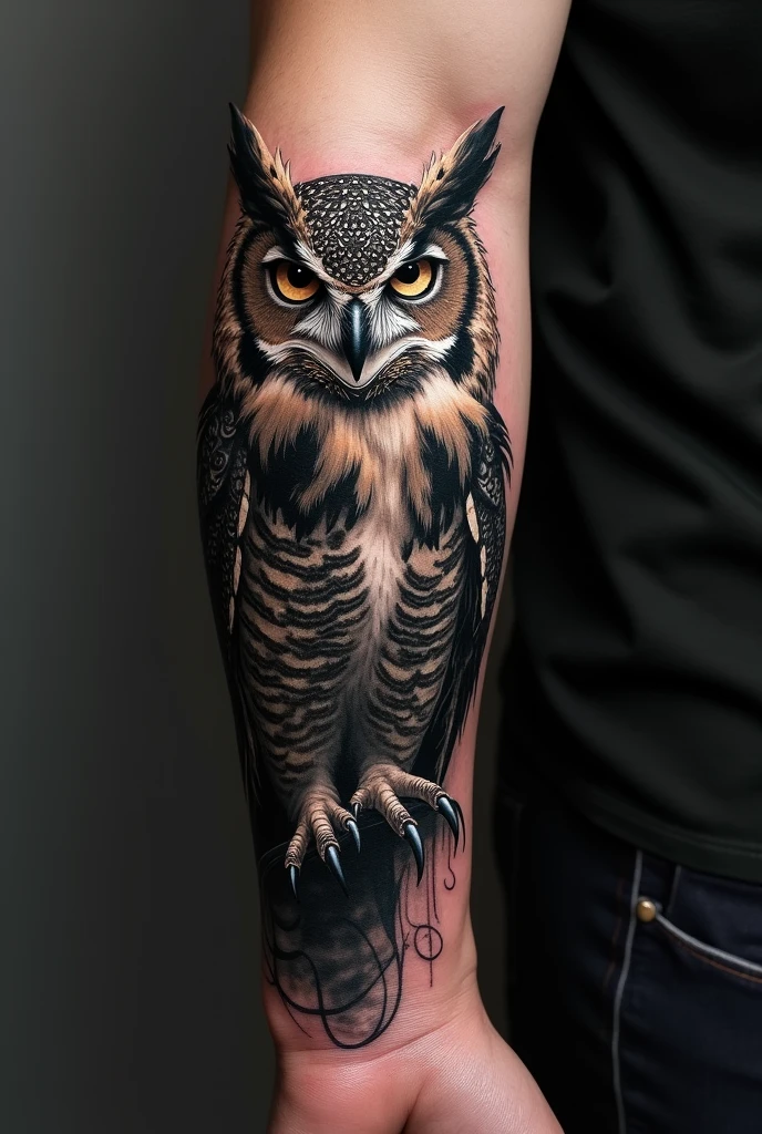 Create owl tattoo image on male arm 