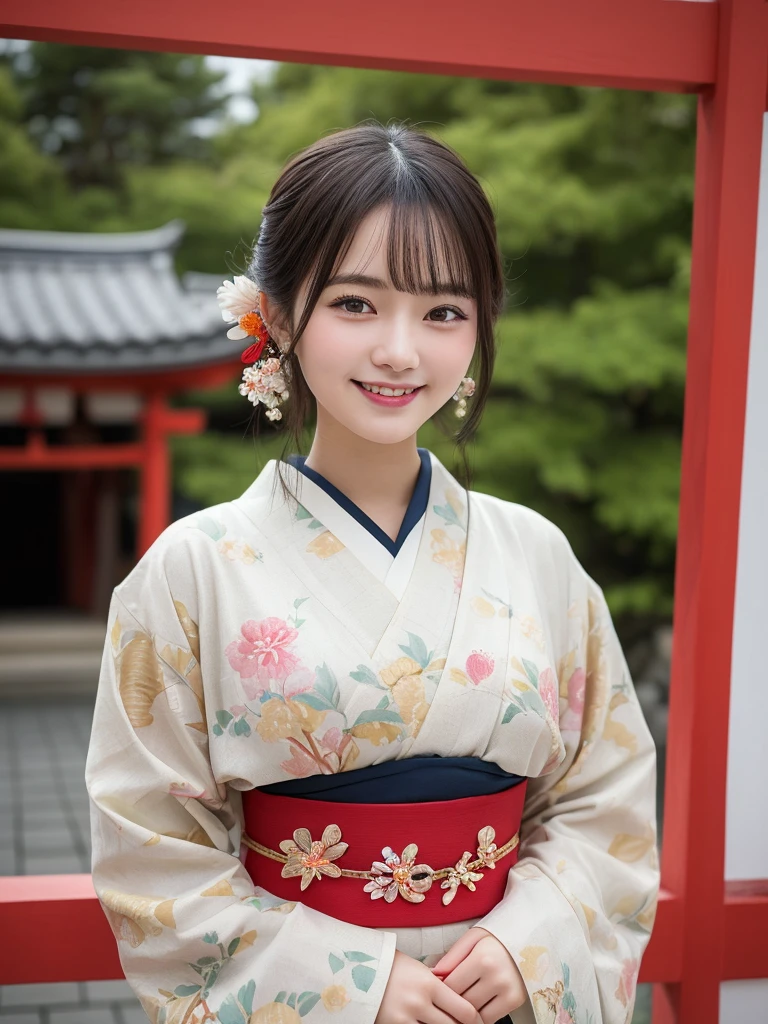1girl, 18 years old, cute and beautiful, solo, highres, best_quality, masterpiece, detailed_background, intricate_details, beautiful, maiko, geisha, kyoto, gion, traditional_clothes, kimono, torii_gate, smile, looking_at_viewer, dynamic_pose, natural_pose, candid, happy