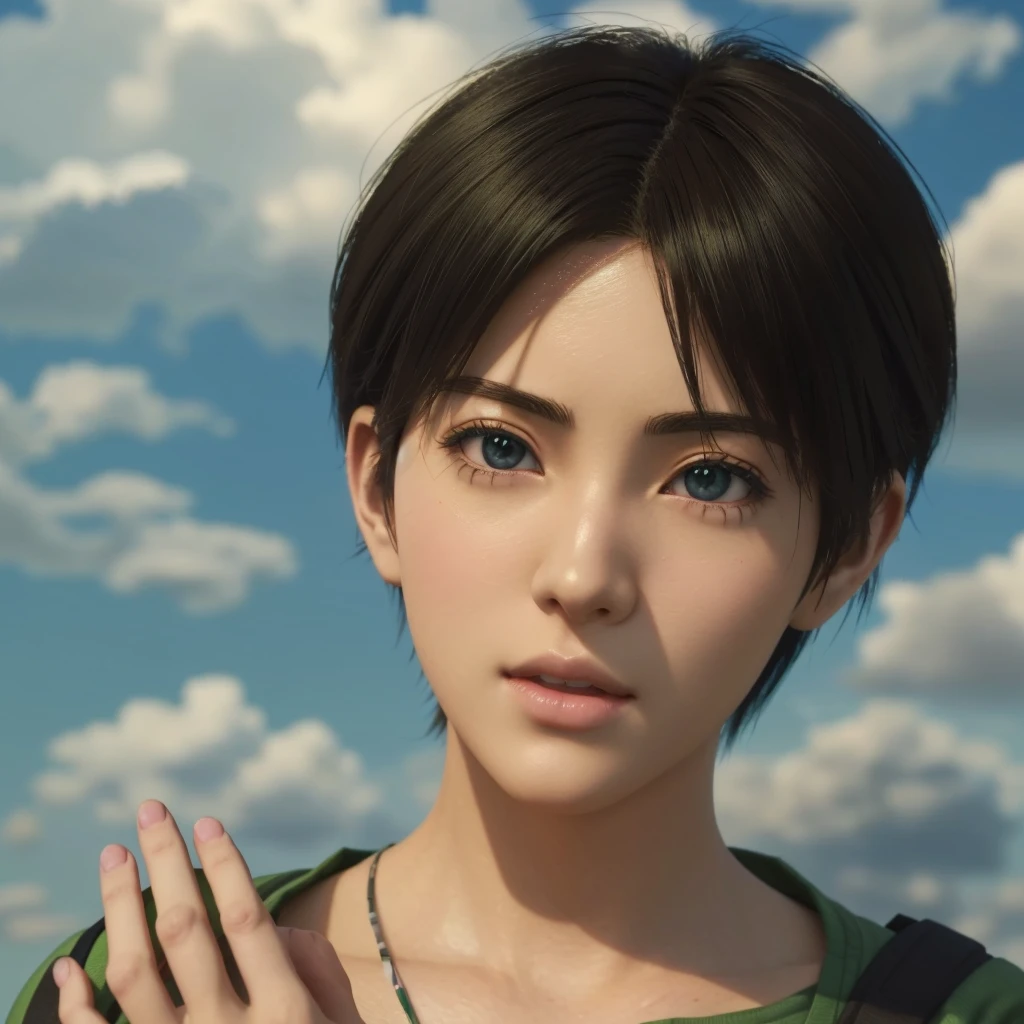 There is a woman wearing a green shirt and carrying a black backpack., Realistic Anime 3D Style, Anime Realism style, 3D Anime Real, Photorealistic Animation girl render, Smooth anime CG art, Photorealistic Animation, Anime Realism, Ultra realistic anime, Anime-style 3D, Realistic anime art style, Created by Anime Painter Studio, Realistic young anime girl