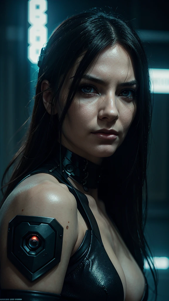 Realistic portrait style, woman (cyberpunk:1.2), cinematic film still, lights, noir, modern, , (sleek), Cybernetic, Luis Royo , (ross tran, Alphonse Mucha's, Erwin Blumenfeld), Albert Watson
