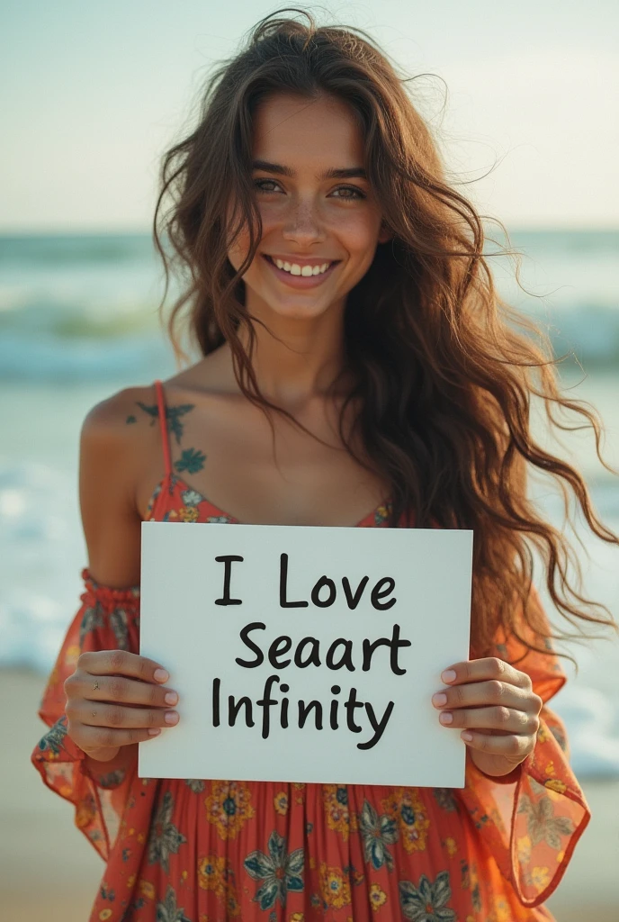 Beautiful girl with wavy long hair, bohemian dress, holding a white board with text "I Love Seaart Infinity" and showing it to the viewer