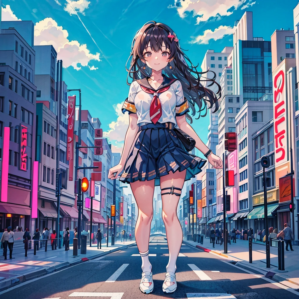 Composition viewed from below blue sky cumulonimbus Sun light masterpiece ((Brown skin)) ((Sunburn)) Anime Style Delicate painting 4K 90's giant Multiple Girls crowd ((Black Hair)) Metropolis crowd Crowd of people ((A giant schoolgirl standing in the valley of a skyscraper city)) Metropolis Tokyo Akihabara Electric Town Big Breasts Sailor suit Her underwear is visible Sweating profusely Splash sneakers White socks watch Black Hair smile female giant giant girl Whole body Crowd Unreal Engine,cleavage ,a drawing of a , earrings, long hair,Cute picture Beauty Analog style whole body sneakers