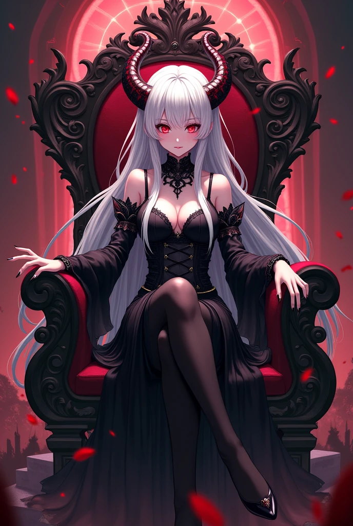 Demon anime girl with long white hair and red eyes sitting on a demon throne
