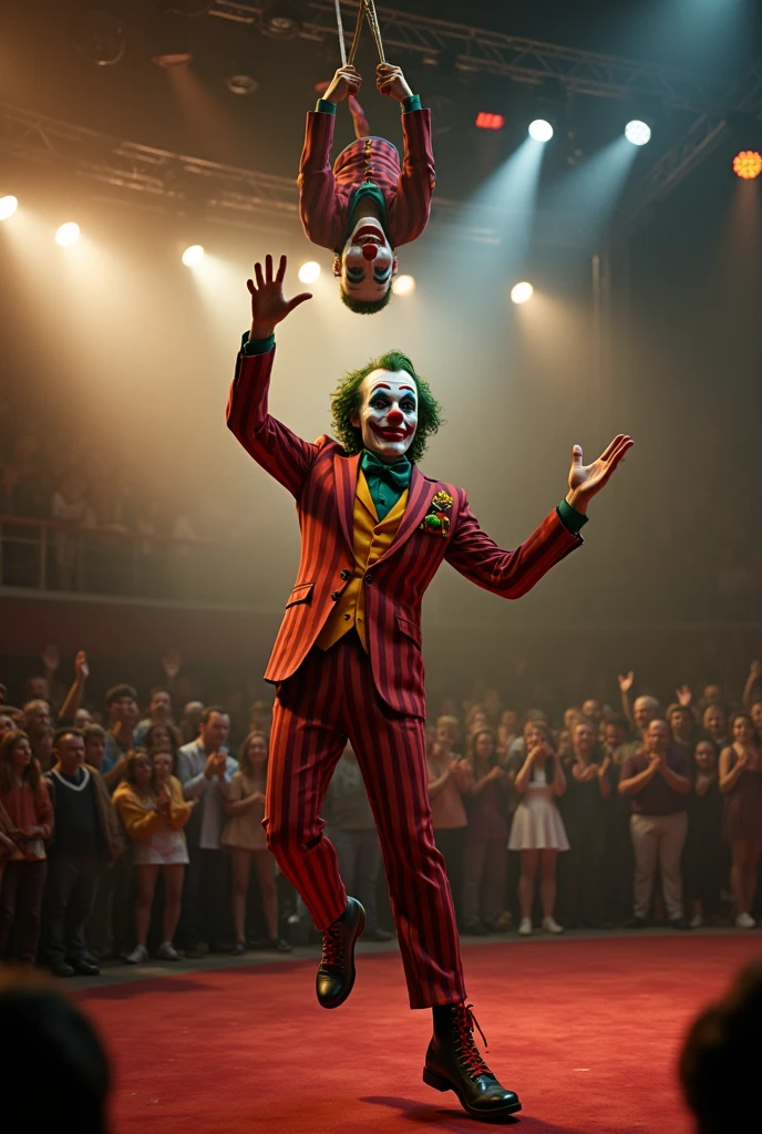 Circus and fun, lots of games, clowns playing, artists on the trapeze, thanking and happy, people applauding, inside the circus,Joker performs, best quality, work of art, very aesthetic, perfect composition, intricate details, Ultra-detailed