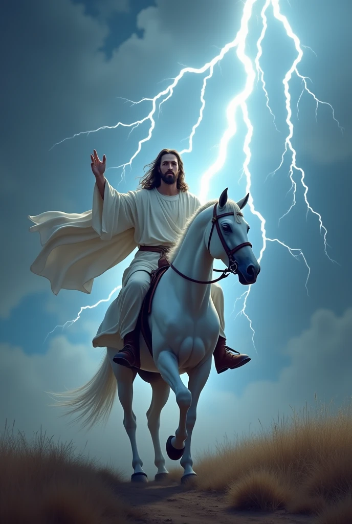 Make Jesus Christ on a white horse with super realistic lightning bolts