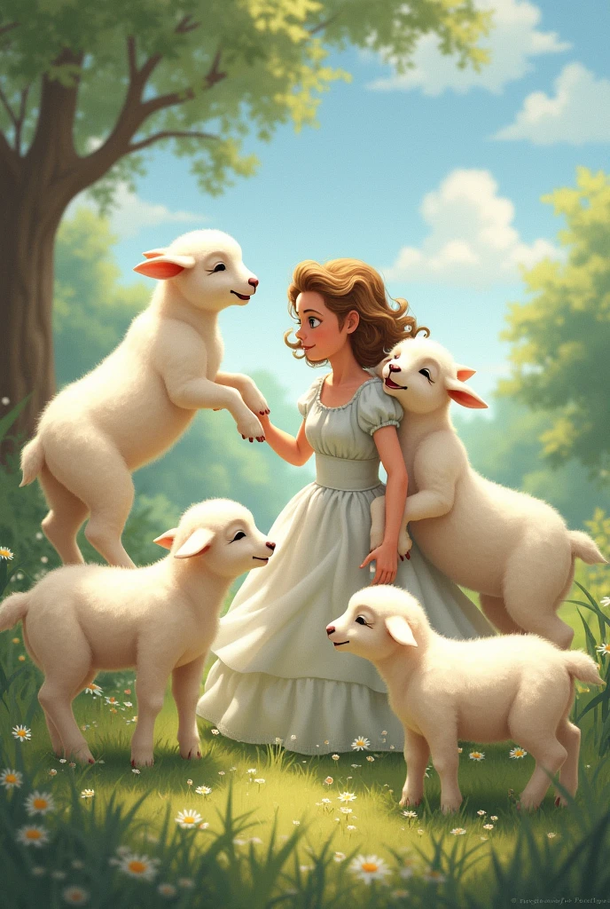 Illustrate the transformation of animals, going from being wild creatures to gentle lambs. Lambs should show a joyful and peaceful attitude, jumping and playing around the Lady and the male figure. The transition from wild animals to lambs should be obvious.
