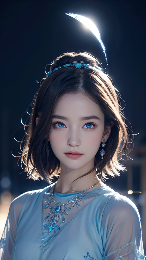 night, ((1 girl)), alone, masterpiece, 8k wallpaper, highres, absurdres, high quality background, short hair, black hair, multicolor hair, beautiful frozen village, (full bright moon), blue dress, detailed dress, jewelry dress, (magic:1.2), blue fire, blue eyes, glowing eyes, fire, ice goddess, (blue detailed beautiful crown), electricity, blue electricity, blue light particles