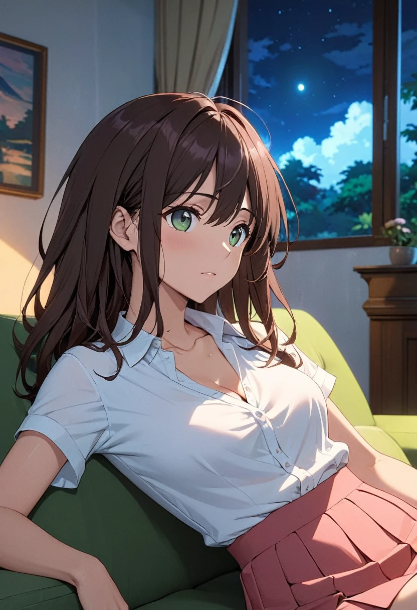 beautiful woman, ((portrait)), ((detailed face:1.2)), ((anime Лицо, anime черта лица, Clean skin, глянцевые anime губы, Clean skin), (long beautiful straight slightly curled hair, brown-haired: 1.55), ((green eyes)) (perfectly proportional body, slim waist, narrow hips,, 2 bust size), arched back (wear a white short-sleeve button-down blouse, unbuttoned, (short pleated pink skirt:1.15), For Girls, (detailed living room background:1.1), on the couch, vacationist, ( Best quality, detailed), (8k wallpaper), (cinematic lighting, beautiful light, (night:1.3)) (Sharp Focus, difficult) ((( 2d, anime, ghibli style)))