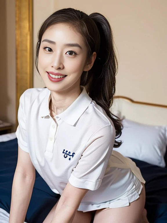 (Masterpiece, Best quality: 1.3), (Ultra realistic, Photo-realistic: 1.2), From above, From side, Lying, Looking at viewer, Natural light, 28 years old actress, Japanese women, Neat and clean, (White sexy tennis uniform, White short-sleeve polo shirt with darknavy line collar:1.2), (unbutton:1.3), (White tennis skirt:1.2), white sock, (Ponytail: 1.2), (Beautiful face), Oval face, clear, Beautiful eyes, Kind eyes, Clear skin, Small face, Beautiful mouth, Small mouth, Natural makeup, Approachable, (nsfw:1.2), Seductive smile, (Seductive pose: 1.3), (Beautiful thighs: 1.2), (Bedroom eyes: 1.1), Embarrassed, Blush, Luxury hotel Suite room, On bed,