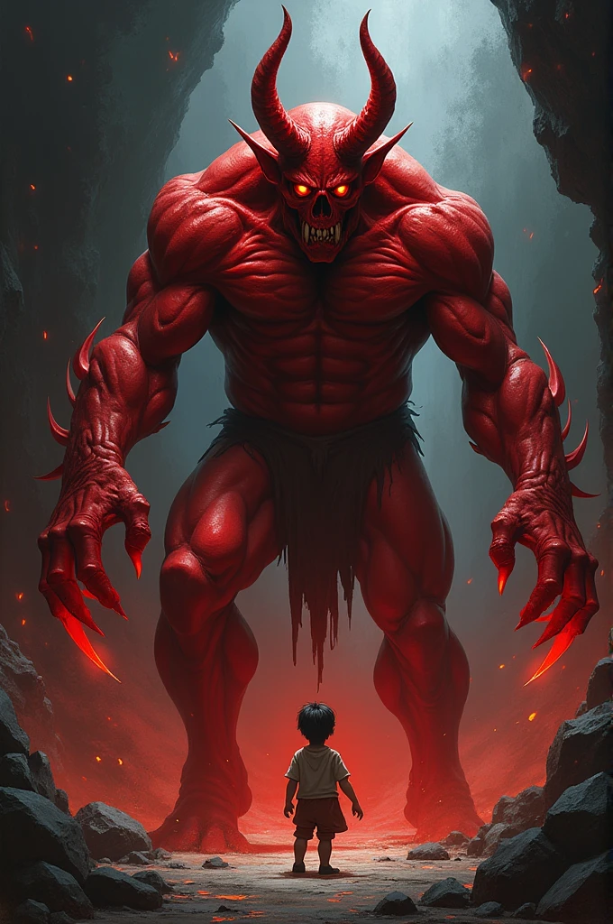 Red Satan talking to a child