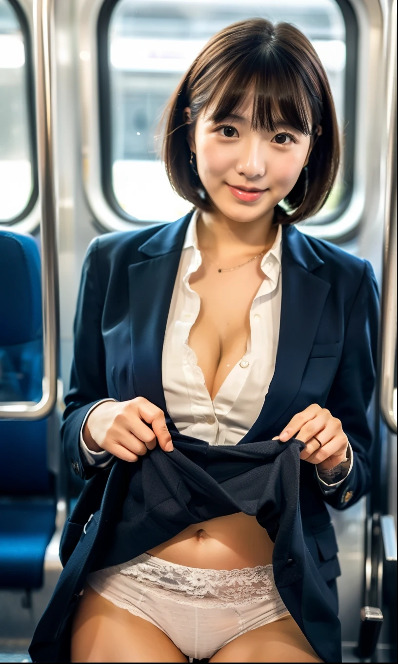 On a commuter train,Hot and sweaty,(looking at the camera),,(Wearing a shirt),smile,Skirt Lift、Lift your skirt with your hands,woman, 20-year-old, Short Hair、bangs、(Plain suit skirt),(White lace panties)arrings