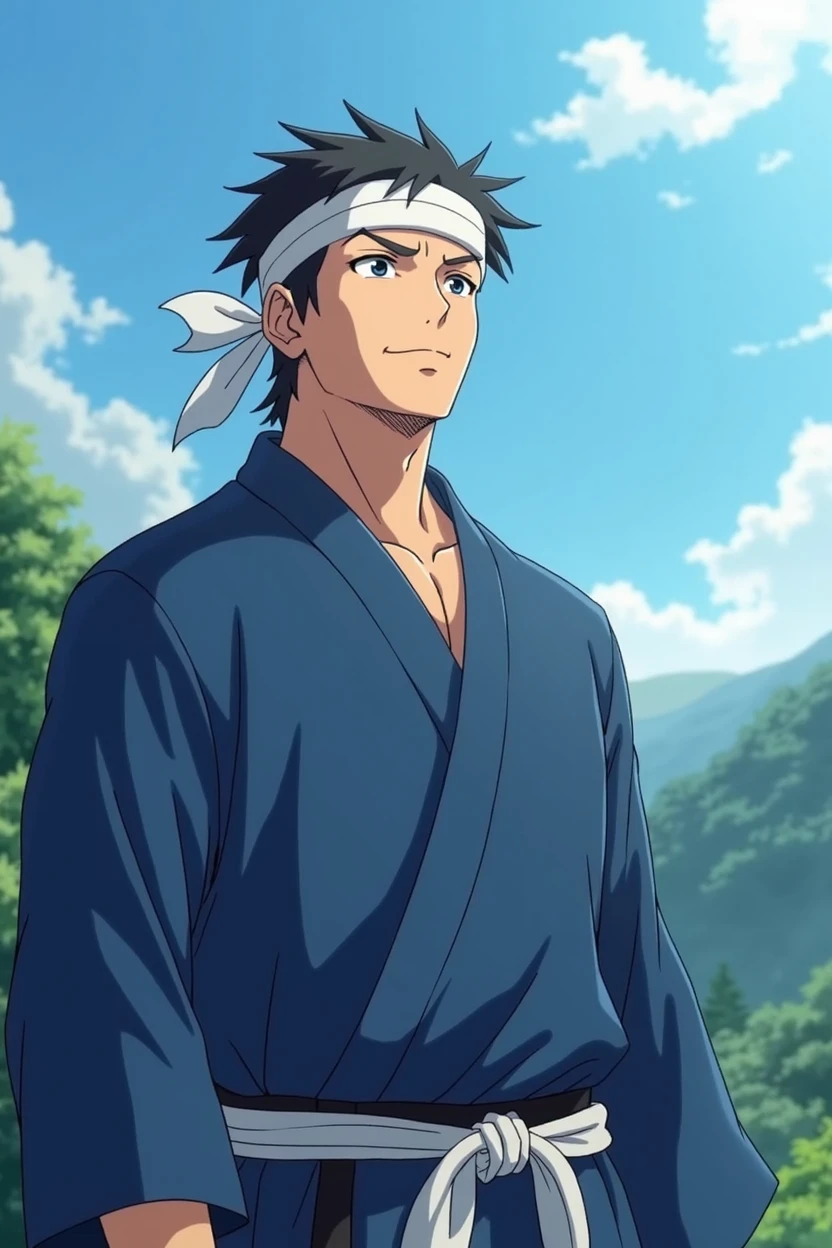 anime、Photographer's POV、Chest to head、looking at the camera、male、Around 40 years old、Muscular build、Square face、Round Nose、short hair、No bangs、Black Hair、Blue Jinbei、White headband、Deep in the mountains、Thirsty、Chest to head、I&#39;m sweating a lot、Very tired